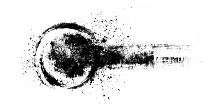 A black ink brush stroke with splatter isolated on transparent background