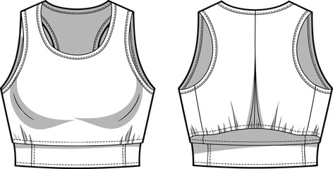 CAD drawing flat vector illustration, sports bra design, athletic wear, front and back views, crop top style 