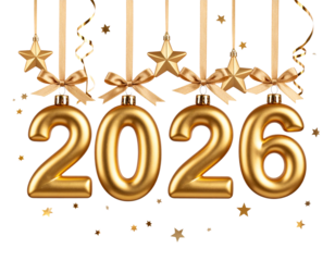 Golden 2026 Numbers Hanging as Ornaments with Ribbons and Stars, Festive Concept, Transparent Background