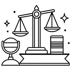 Justice scales with microphone and stack of papers