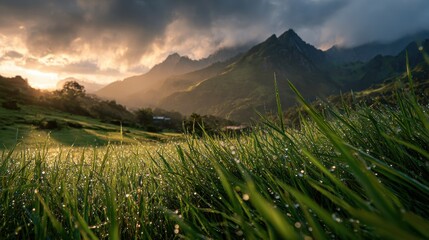 Fototapeta premium Serene Sunset Over Mountains with Fresh Green Grass and Dewdrops in a Tranquil Nature Landscape