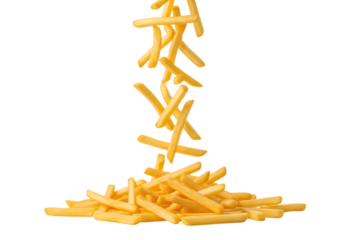 Golden french fries falling and piling up isolated on transparent background