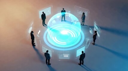 Circle of diverse business team collaborates on futuristic holographic display analyzing global data for innovative solutions and strategic planning in a modern environment - Powered by Adobe