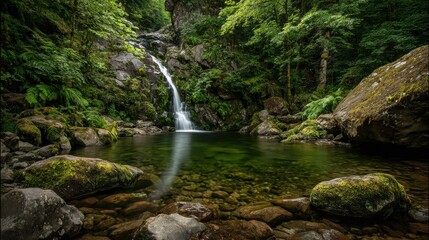 Fototapeta premium Serene Waterfall Cascading Into Tranquil Pool Surrounded by Lush Greenery and Majestic Rocks in a Peaceful Forest Setting