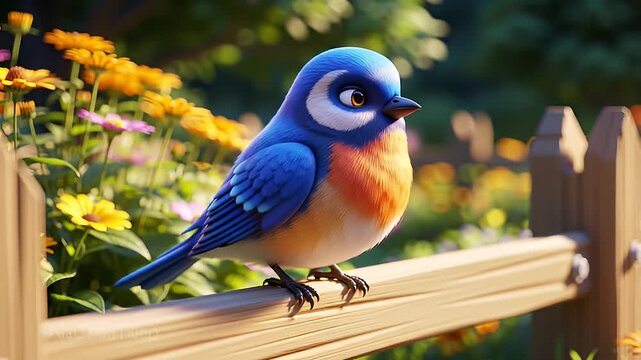 Charming bluebird perched on a wooden fence in a sunny garden
