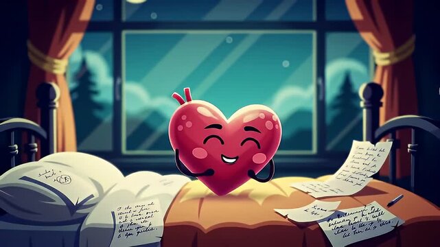 Cartoon-style heart resting on a bed at night, with letters and dark woods outside