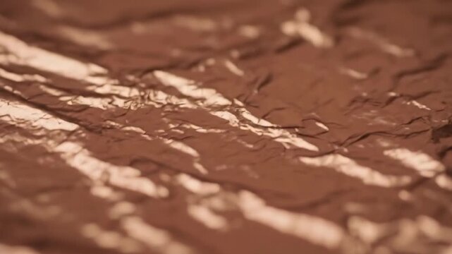 A close-up view of crinkled copper-colored foil reflecting light, showcasing its texture and shine, ideal for backgrounds or artistic projects