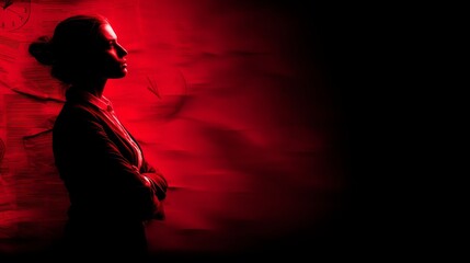 A determined woman stands with arms crossed, bathed in intense red light casting dramatic shadows,