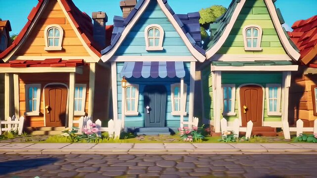 Cartoon style row of colorful houses with yards and white picket fences