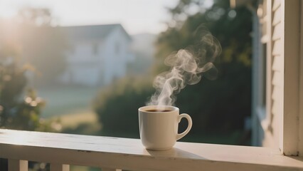Steaming cup of coffee on a porch railing with a serene suburban backdrop during sunrise.
