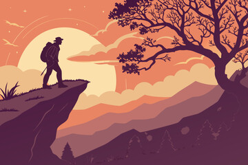 Hiker silhouette on cliff edge at sunset with large tree