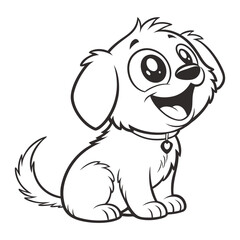 Adorable cartoon puppy in black and white line art style, sitting happily with big sparkling eyes, open mouth smiling, fluffy fur, floppy ears, and a small heart-shaped collar tag. Clean, playful outl