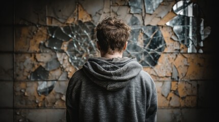 Naklejka premium A solitary figure in a gray hoodie stands with back turned, facing a cracked wall with shattered glass,
