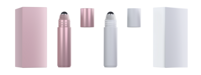 Eye serum bottle and under eye brightener roller, white and pink colors mockup, on a transparent background