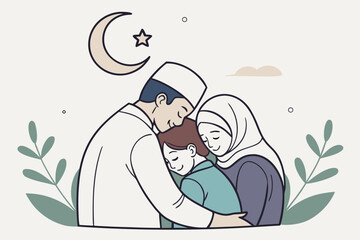 Muslim family hugging with crescent moon and star islam