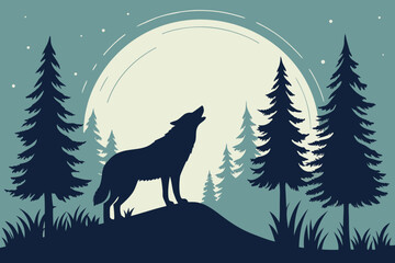 Silhouette wolf howling at moon in pine forest night 1