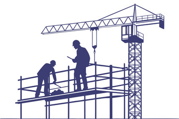 Two construction workers in silhouette on scaffolding with crane