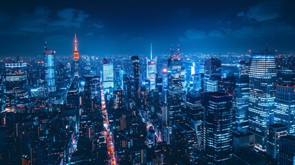 Obraz premium Metropolis Night Vibrant Blue Lights Urban Skyline