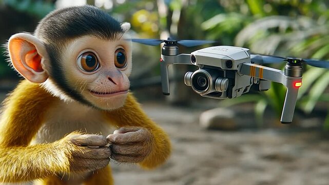 Curious monkey watches a drone