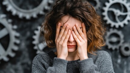 A young woman in a grey sweater covers her face with hands, expressing deep emotions.