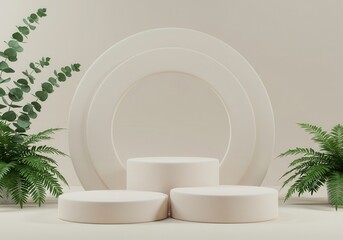 A minimalist scene showcasing three podiums of varying heights, complemented by circular shapes and lush green foliage, perfect for product display use.