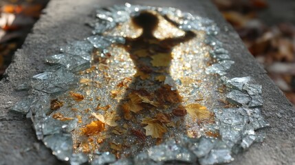 Fototapeta premium Sunlight refracts through scattered transparent crystal fragments on a rough concrete ground,