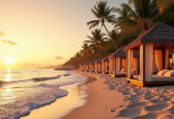 Fototapeta premium luxury beach cabanas sunset glow relaxation paradise coastal heaven waves serenity, rainbow, lgbtq, lgbt, pride, colorful, love, equality, ocean, water, shore