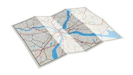 Folded road map travel guide for navigation and planning a journey for vacation and adventure trips on transparent background