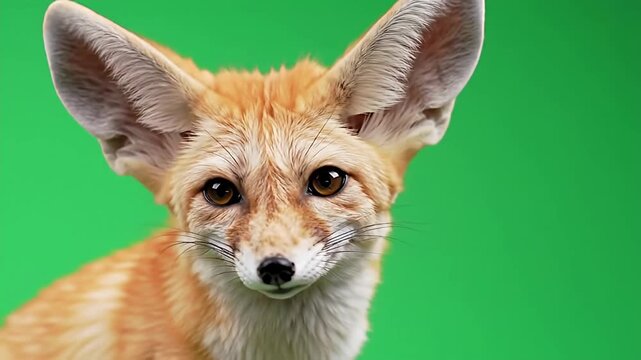 Adorable fennec fox with giant ears poses in front of a bright, solid green background