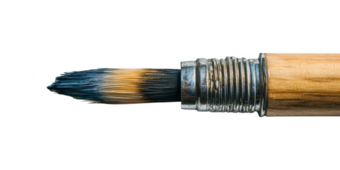 A closeup of a paintbrush with blue and gold paint isolated on transparent background