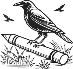 Creative Raven's Perch: A detailed illustration showcases a raven perched on an oversized pencil, with smaller bird silhouettes.
