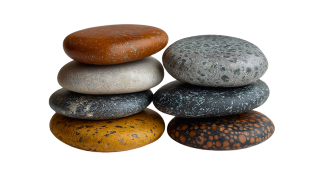 Zen Harmony: A meticulously balanced stack of smooth, colorful stones embodies tranquility, balance, and mindfulness, inviting viewers to find inner peace.