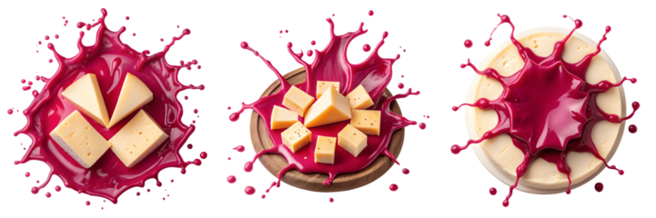 Set For Cheese cubes are splashing in a berry sauce isolated on transparent background