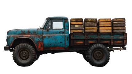 Vintage Truck Transports Crates: A weathered vintage pickup truck, showcasing rustic charm, carries wooden crates, evoking a sense of history and practical utility.