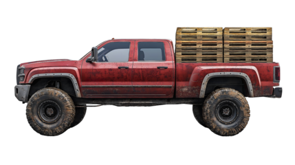 Rugged Red Pickup Truck with Pallets: A sturdy, red pickup truck with oversized tires is loaded with wooden pallets, showcasing its robust design and utilitarian functionality. 