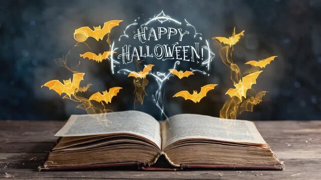 An ancient book opens itself on a dusty table. Glowing, magical runes float out, forming the words &ldquo;Happy Halloween!&rdquo; while bats swirl around the letters.