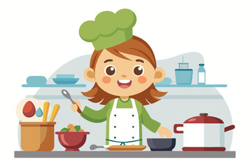 Wearing a chef hat and apron, the child is seen preparing food with joy, ideal for educational materials, kids’ cookbooks, food blogs, culinary posters, and children’s activity books. 