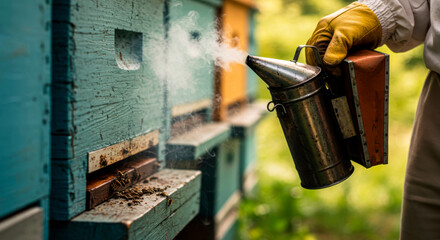 Beekeeper using a smoker on wooden beehives. Beekeeping, honey production, and working with bees safely.