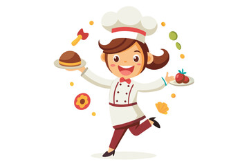 Wearing a chef hat and apron, the child is seen preparing food with joy, ideal for educational materials, kids’ cookbooks, food blogs, culinary posters, and children’s activity books. 