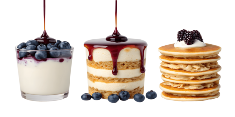 Set For Delicious desserts isolated on transparent background include pudding, cheesecake, and pancakes