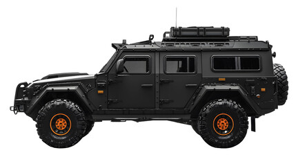 Armored Vehicle: This impressive armored vehicle, presented in a sleek and intimidating dark theme, exudes a sense of rugged strength and technological sophistication.