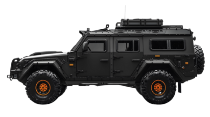Armored Vehicle: This impressive armored vehicle, presented in a sleek and intimidating dark theme, exudes a sense of rugged strength and technological sophistication.