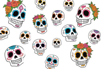 Pattern of colorful sugar skulls with decorative floral elements. Isolated on transparent background. Perfect for Día de los Muertos, festive prints, or themed designs.