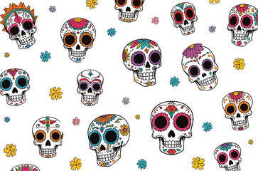 Pattern of colorful sugar skulls with decorative floral elements. Isolated on transparent background. Perfect for Día de los Muertos, festive prints, or themed designs.