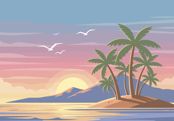 Obraz premium Idyllic tropical island with palm trees silhouetted against a vibrant sunset over the tranquil ocean.
