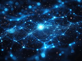 Abstract glowing neural network, futuristic blue background representing big data, artificial intelligence, and global communication technology.