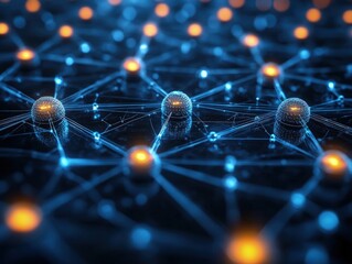 Abstract glowing neural network, futuristic blue background representing big data, artificial intelligence, and global communication technology.