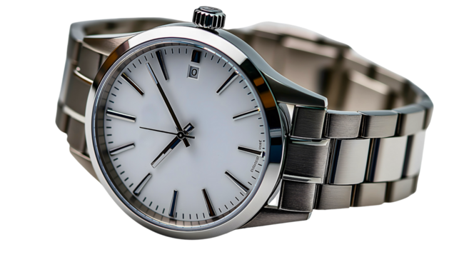 Timeless Elegance: A meticulously crafted wristwatch. The silver band and stark white face capture the essence of enduring style and precision.