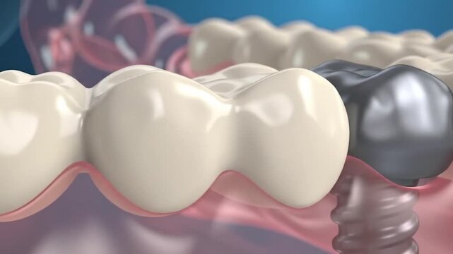 Close up view of teeth with a silver filling between two white teeth in the pink gums area