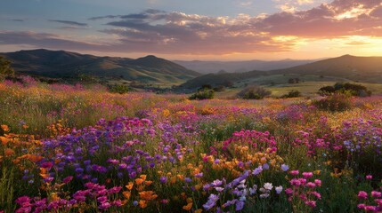 Fototapeta premium Scenic View of Vibrant Wildflower Meadow at Sunset with Majestic Mountains in the Background and Colorful Blooms Covering the Landscape